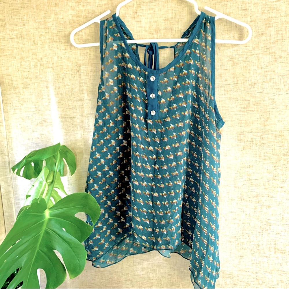 Edge Teal Geometric Print Tie-Back Flowy Tank